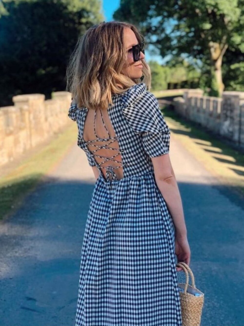 Navy and White Midi Gingham Dress